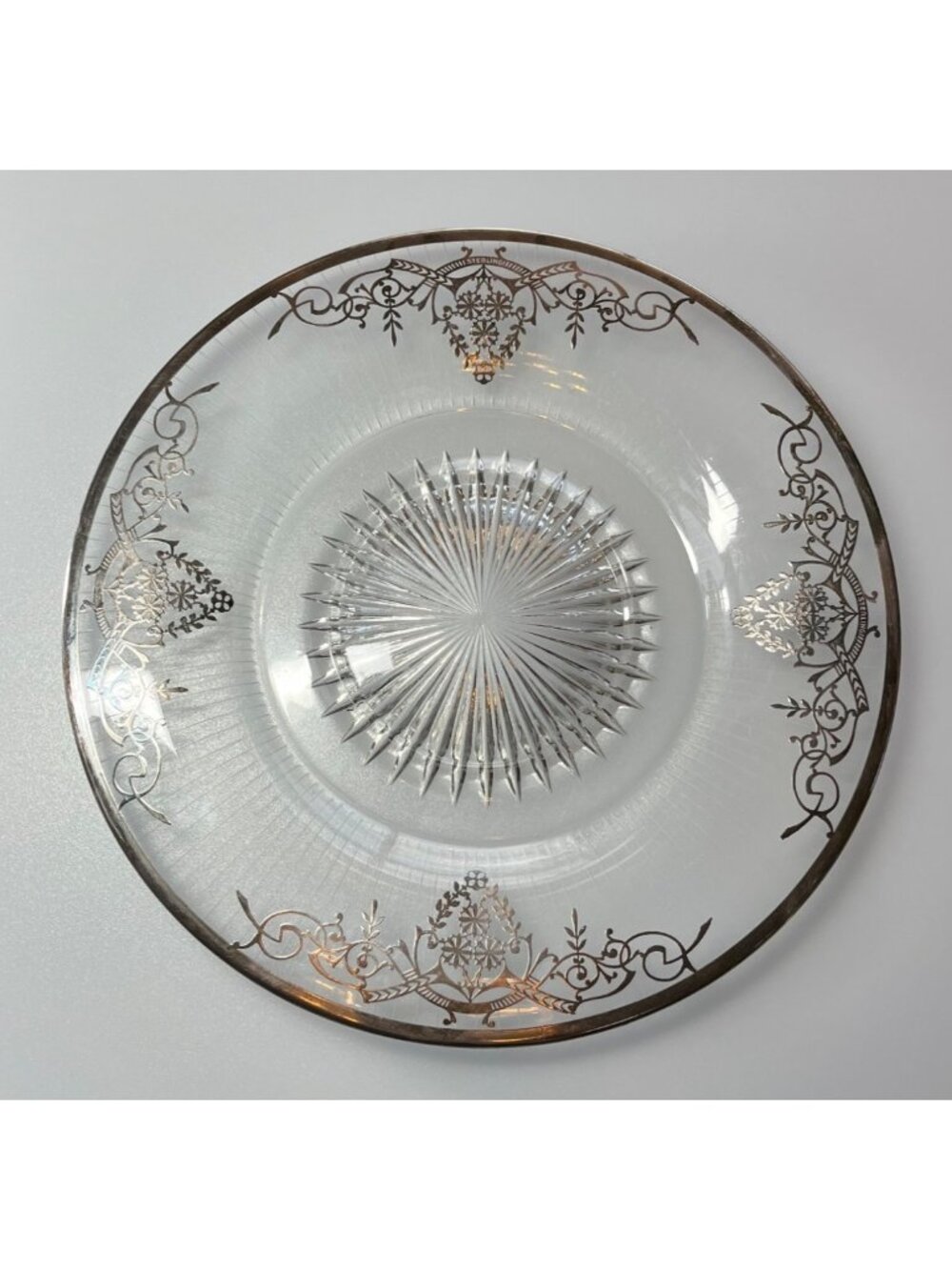 VTG 10" Sterling Silver Overlay Glass Plate W Intricate Floral &Geometric Design